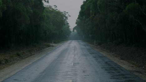 view down old country road during rain storm, rainy weather