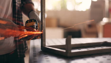 hands, grinder and person with saw for metal work