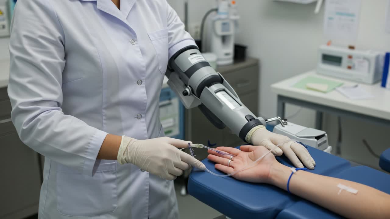 Medical Professional Using Automated Device to Draw Blood from Patient in Clinical Setting, Highlighting Precision and Care in a Healthcare Environment