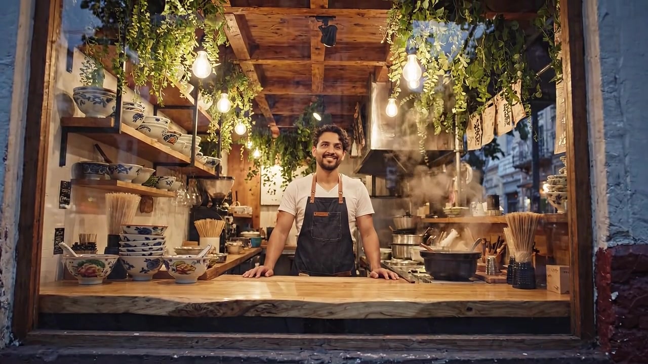 Uno chef appassionato prepara piatti deliziosi in una cucina accogliente e vivace con un'atmosfera invitante, circondato da verde e luce calda per il piacere dei commensali.