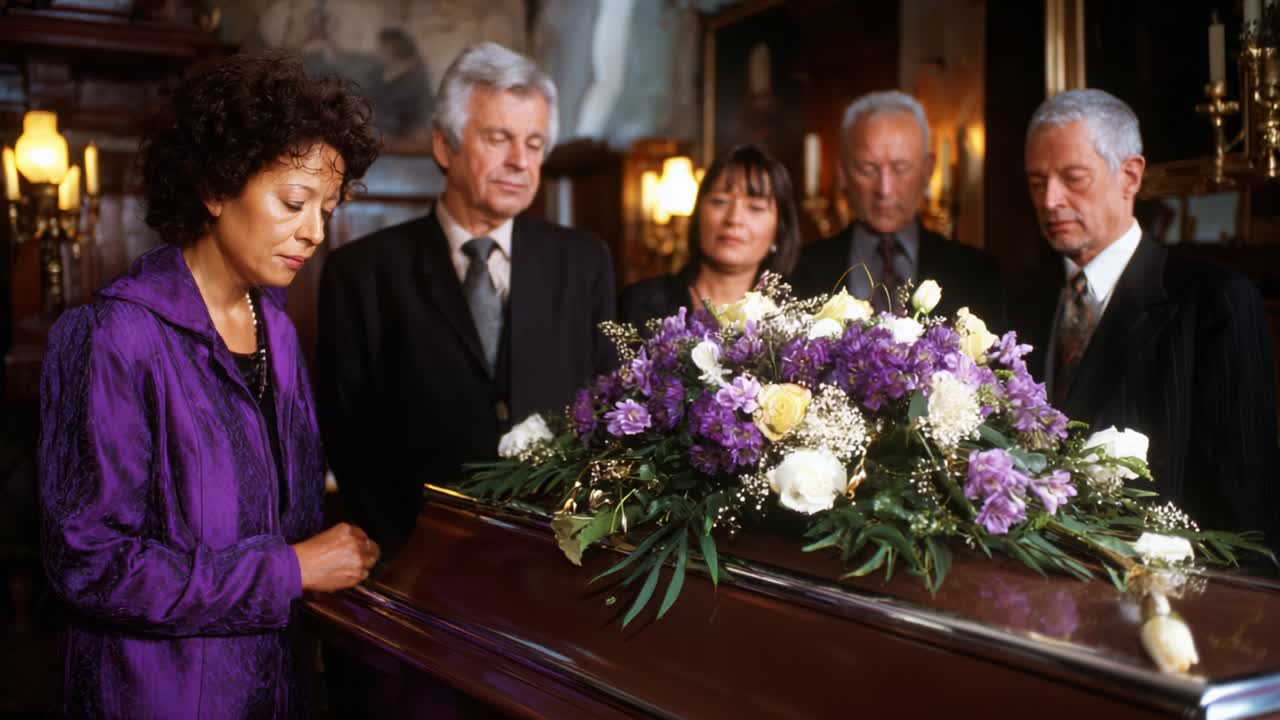 Un momento solenne catturato in un mesto raduno in cui amici e familiari porgono i loro rispetti durante un funerale, circondati da un'elegante composizione floreale, che incarna amore, perdita e ricordo.