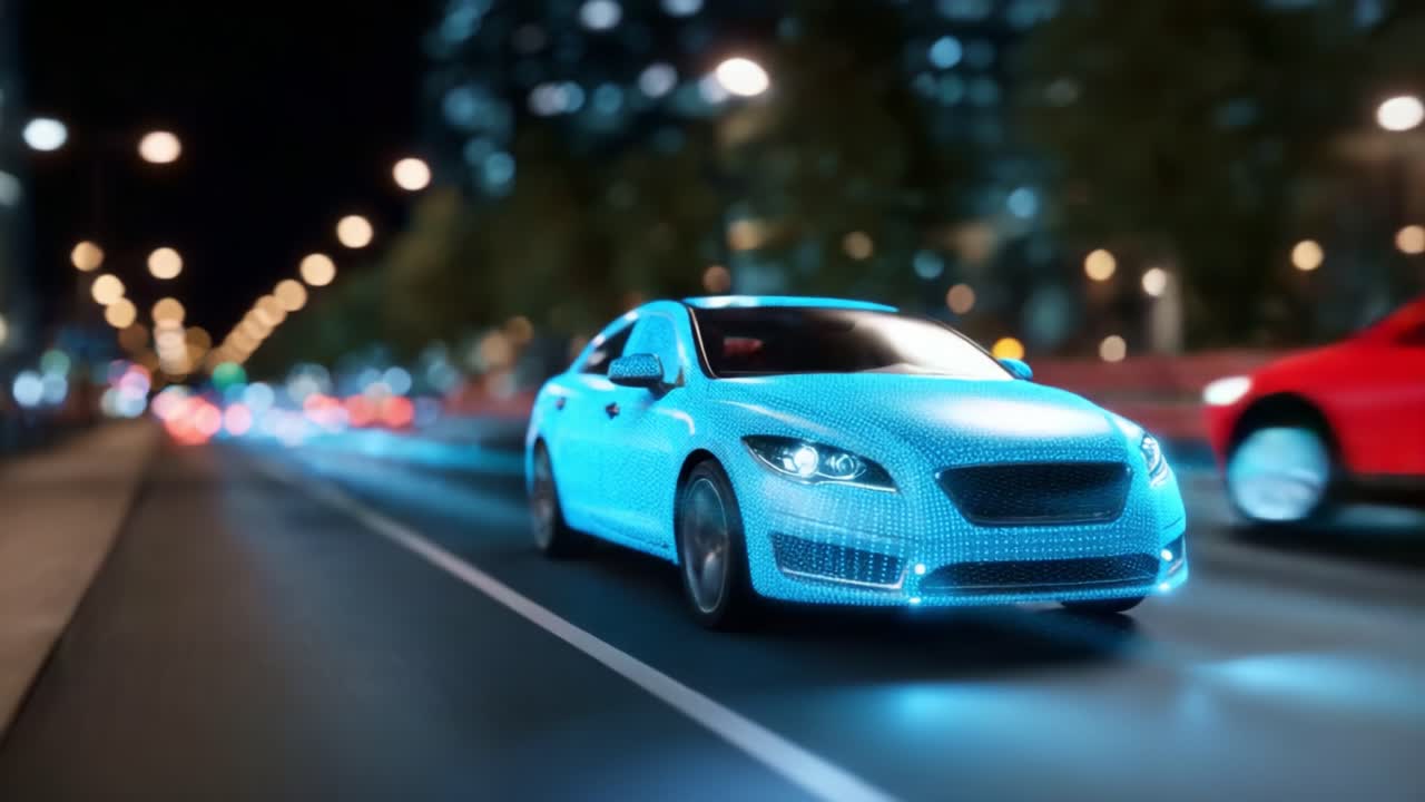 Un'auto futuristica illuminata da luci al neon blu sfreccia di notte per una strada trafficata della città, mostrando una fusione di tecnologia e vita urbana in movimento