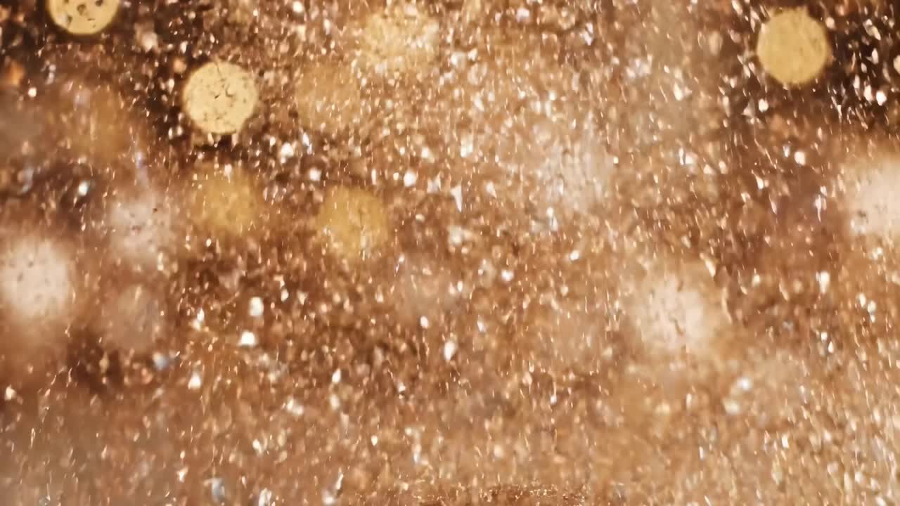Close-up video of golden glitter explosion, captured from a low angle, creating a festive, dynamic