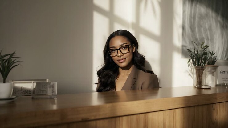 Noticing sunlight grid, receptionist in brown blazer monitoring at wooden counter, with eyeglasses