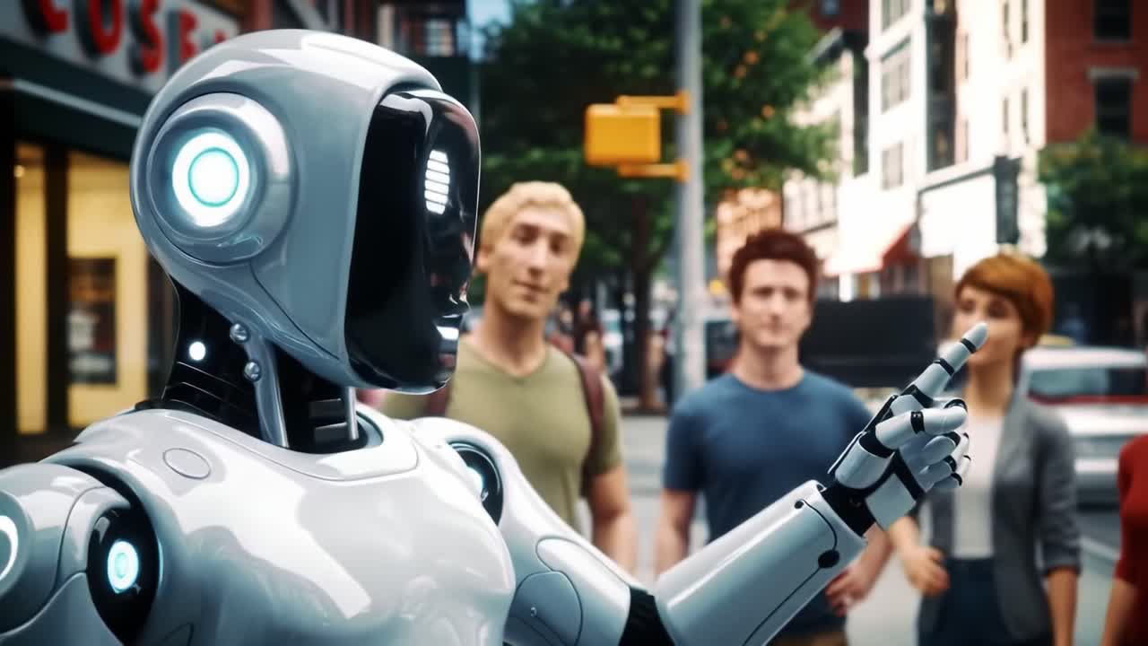 A futuristic humanoid robot engages with a group of curious onlookers in an urban environment, showcasing advancements in AI technology and human interaction.