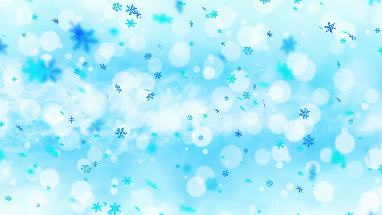 다채로운 밝은 눈 결정은 불과 함께 겨울 배경에 흔들리고 있습니다. 아름다운 자연 장면. 그림 겨울 눈알. 루프 애니메이션.