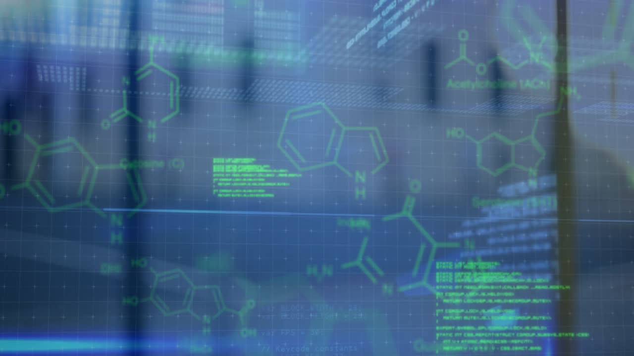 animación de estructuras químicas, procesamiento de datos y puntos de luz sobre personas que caminan por la calle