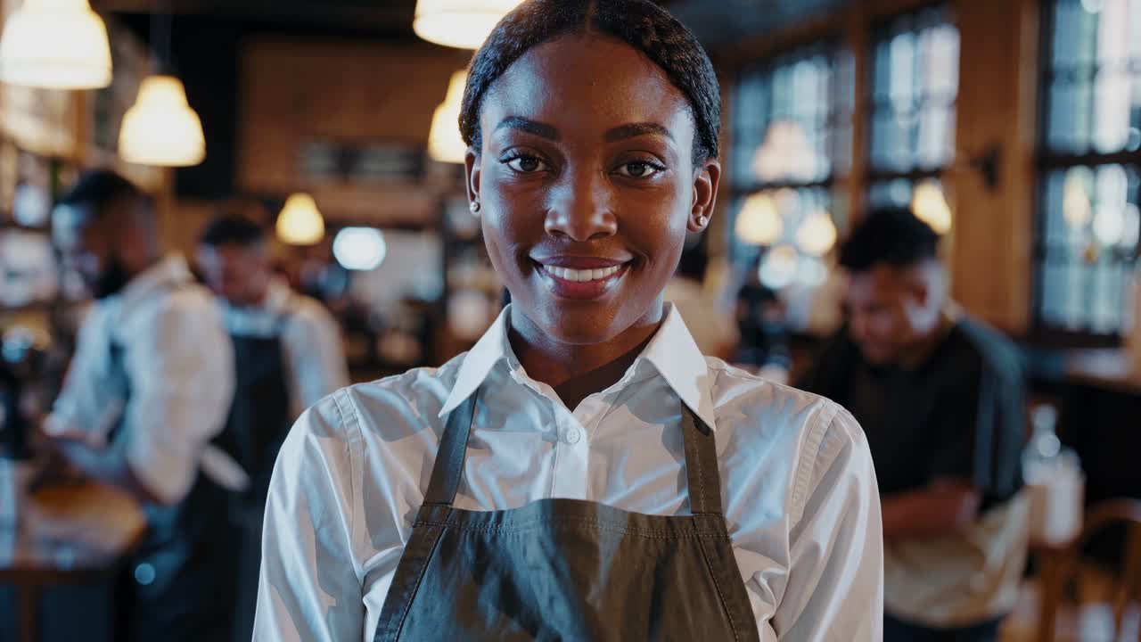 A close-up video shot of a smiling barista in a cozy cafe, with a warm, inviting atmosphere and soft