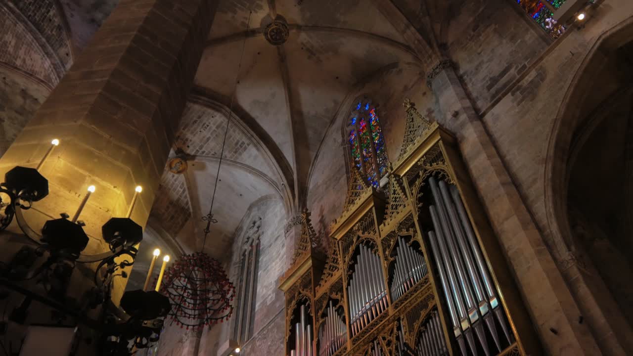 Pan Down From Cathedral Ceiling to Beautiful Organ in Sanctuary