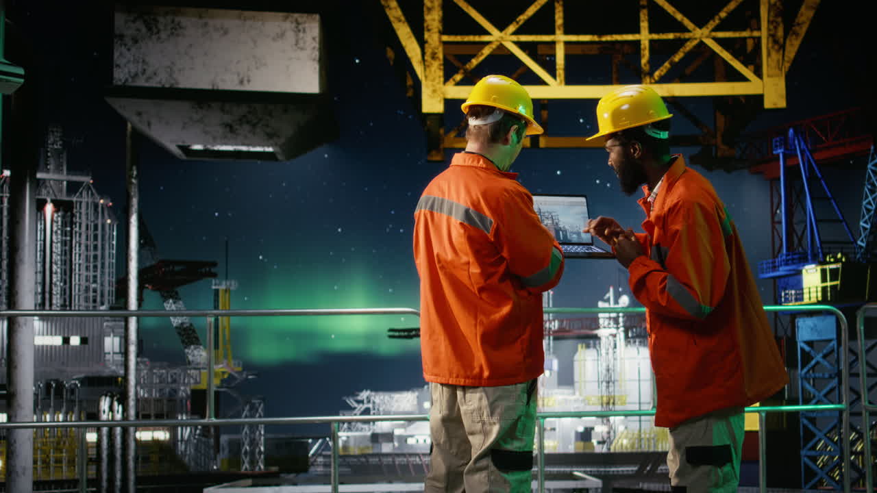 Environmental officers team inspect offshore oil platform under aurora borealis