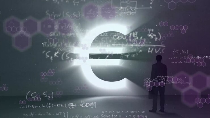 Animation of a man silhouette standing by a shiny Euro sign over mathematics equations.
