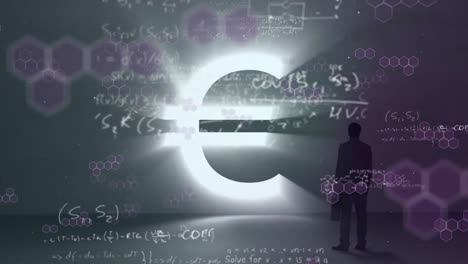 Animation-of-a-man-silhouette-standing-by-a-shiny-Euro-sign-over-mathematics-equations.-