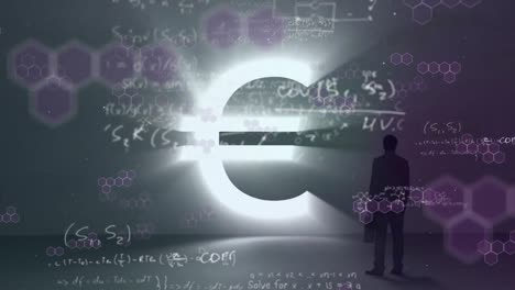 animación de una silueta de hombre de pie junto a un brillante signo de euro sobre ecuaciones matemáticas.