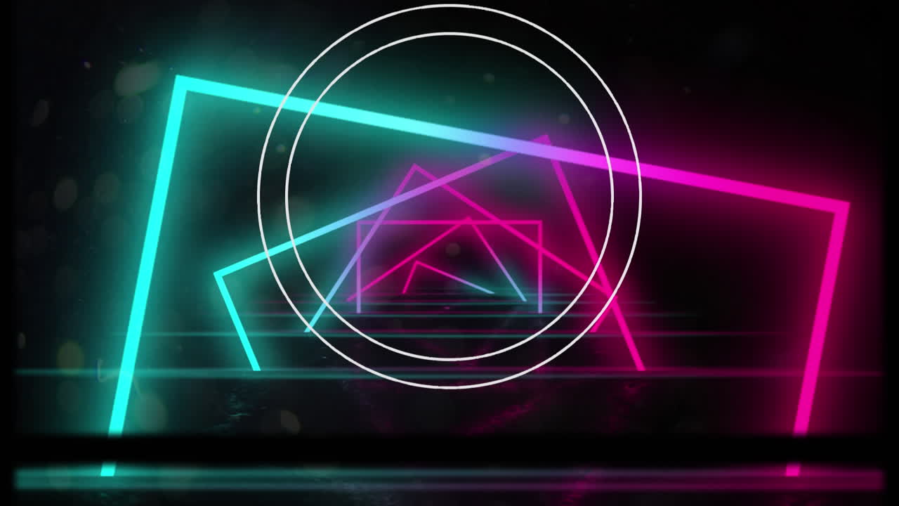 Animation of white rings and rotating blue and pink neon squares, on black background