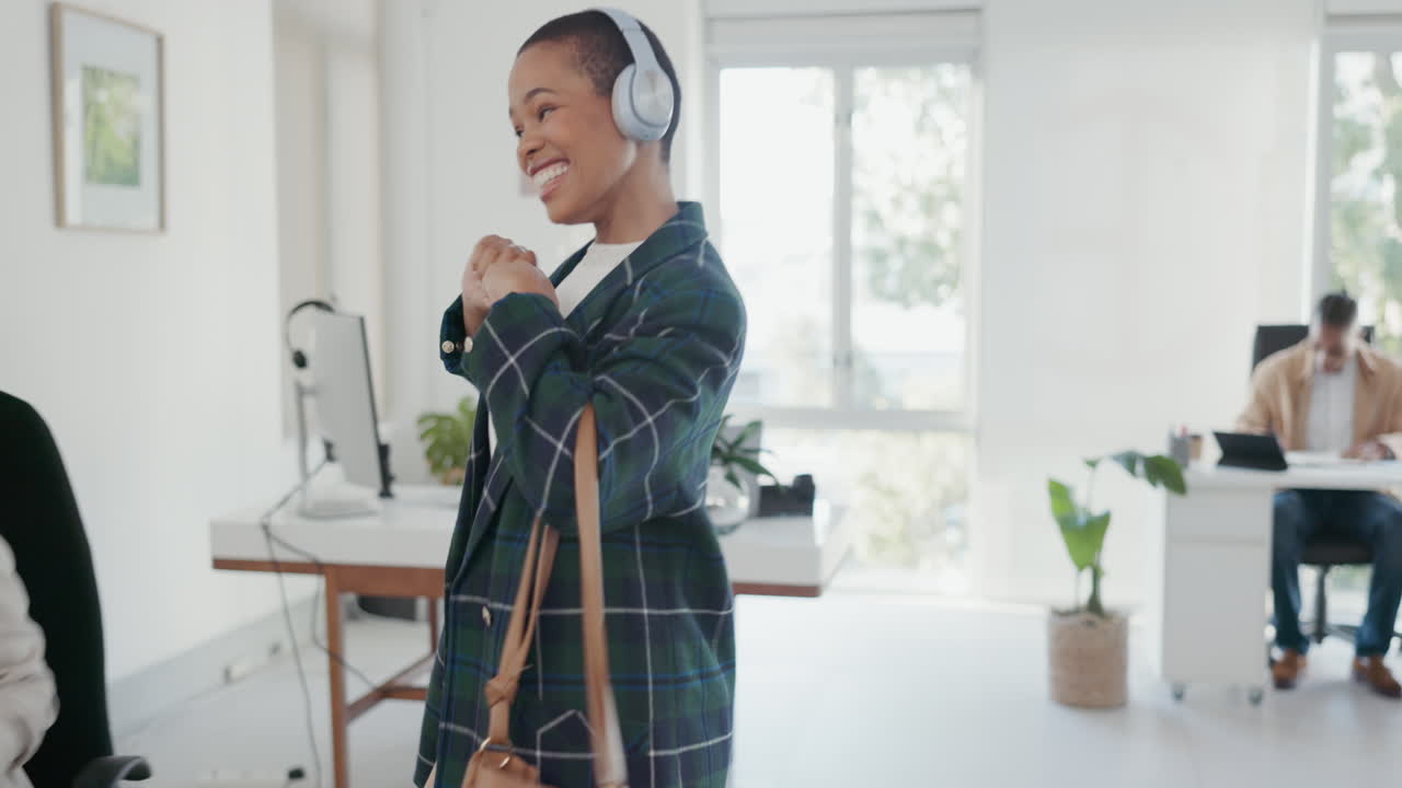 Happy, music and business with black woman