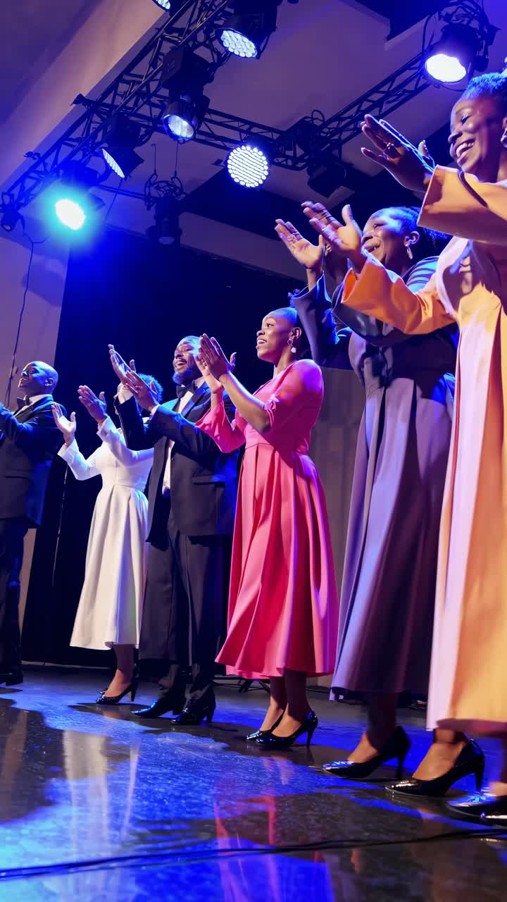 Video di un coro vivace che canta sul palco, ripreso da un'angolazione bassa, con colori vivaci in risalto