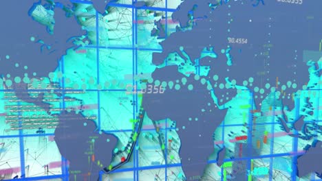 Animation-Der-Grafik--Und-Datenverarbeitung-über-Der-Weltkarte-Auf-Blauem-Hintergrund