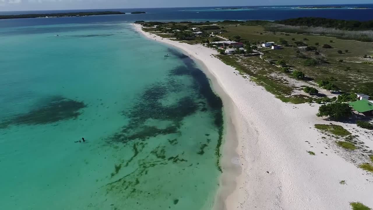 Vista aerea in movimento con virata di cayo con spiaggia e acque turchesi poco profonde nel Mar dei Caraibi nel Parco Nazionale Los Roques, Venezuela
