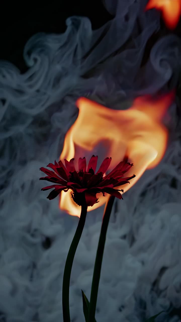 A dramatic close-up video shot of a flower with swirling smoke and flames in the background