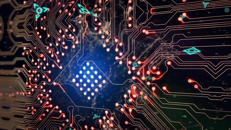Animation of text and data processing over screen and circuit board