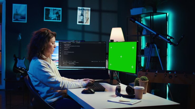 IT-ekspert i lejlighed, der arbejder på mockup desktop PC