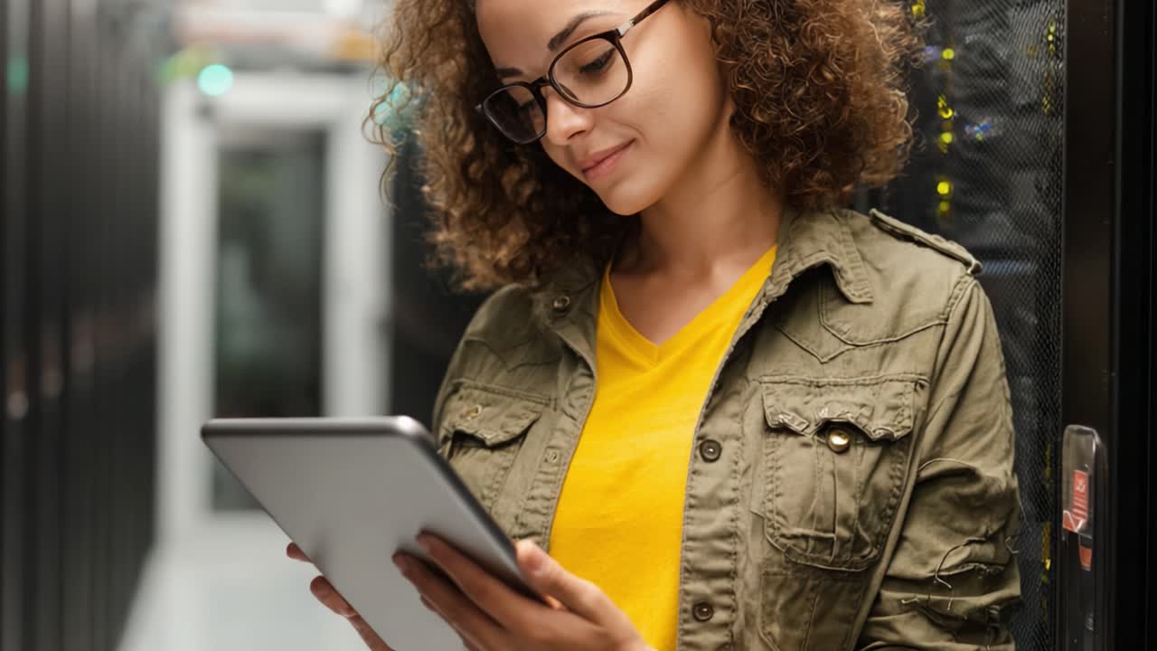 An engaged technician monitors data on a tablet inside a server room, showcasing modern technology and the importance of data management in a digital world