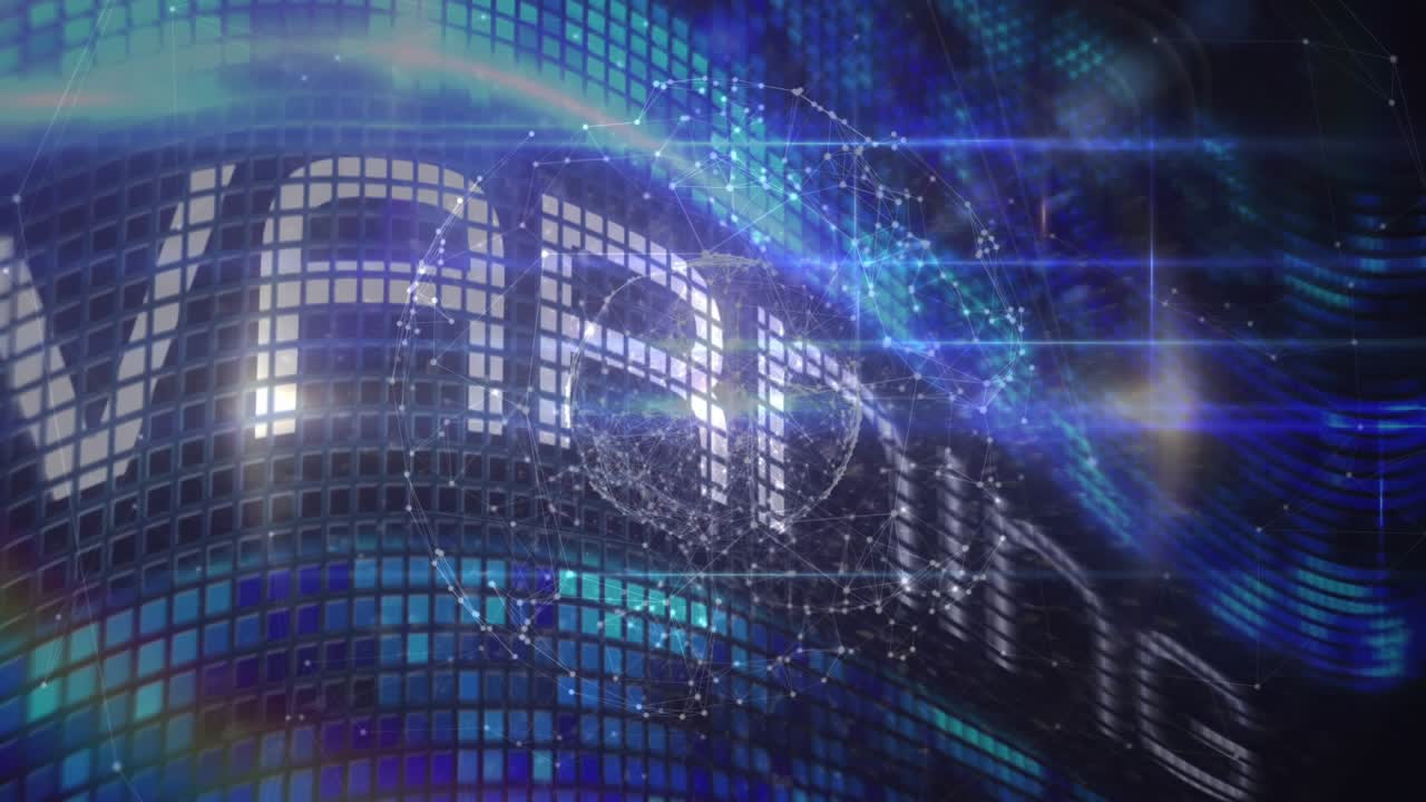 Blue ribbon sweeping LED mosaic, initiating particles coalescing into globe, letters revealing logo