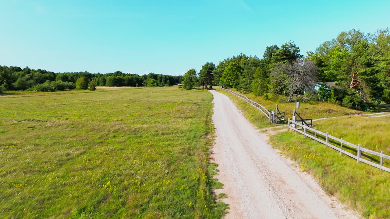 Country road with fields, trees and fence, aerial view