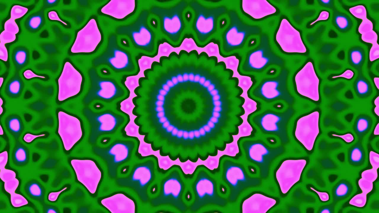 el fondo del caleidoscopio psicodélico geométrico, la animación en bucle, el mandala abstracto verde, azul y púrpura.