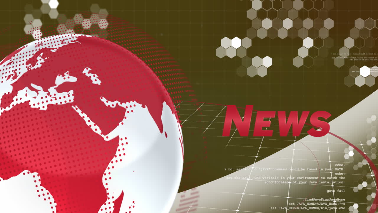 뉴스 텍스트 배너, 회전하는 지구와 회색 배경에 대한 데이터 처리의 애니메이션