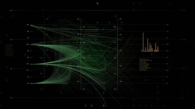 Dynamic data-rich interface for cybersecurity hubs or advanced computing. Vivid color coding for future energy or complex system monitoring