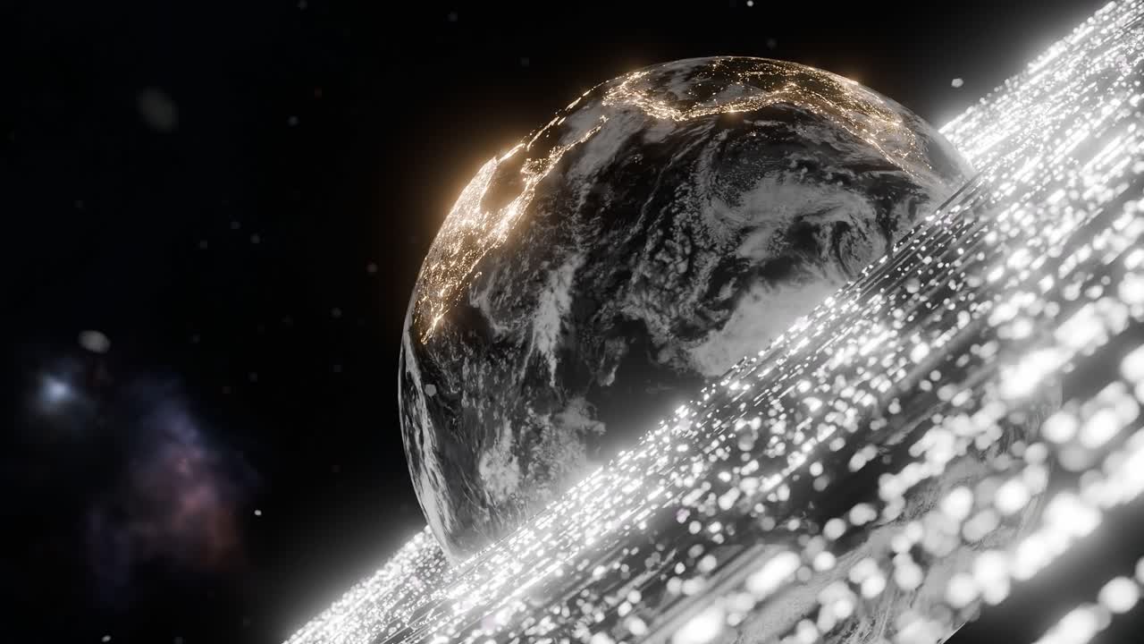 Earth showing South America with white digital particles in outer space. include Brazil, Argentina, Colombia. 3D rendering with night lights and energy wave. Futuristic technology global connection
