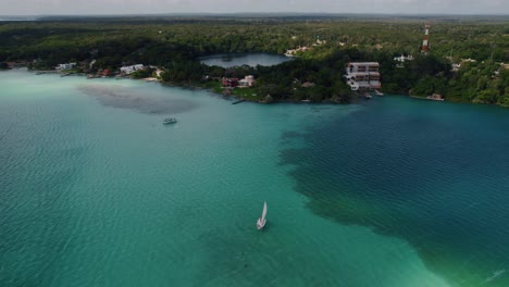 toma cinematográfica del fabuloso lago riviera maya rodeado de árboles verdes en méxico