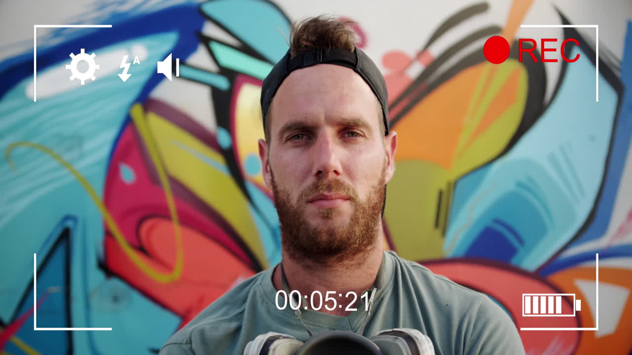 filmando a un hombre y graffiti en una cámara digital 4k