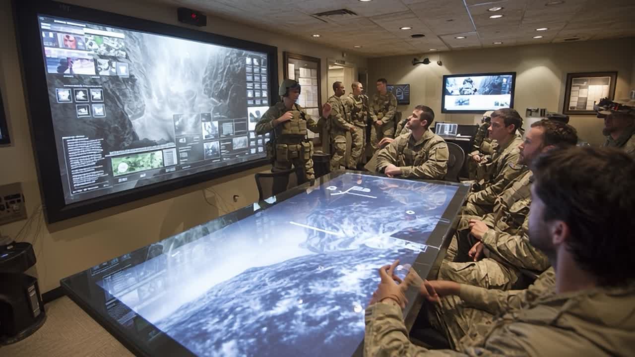 Military personnel engage in strategy briefing with advanced technology
