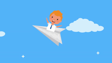 back to school season with boy flying in paper airplane