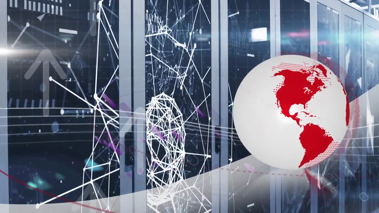 지구, 보라색 빛 트레일과 컴퓨터 서버를 통한 연결 네트워크의 애니메이션