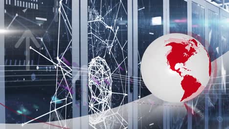 animación del globo, los senderos de luz púrpura y las redes de conexiones a través de servidores informáticos