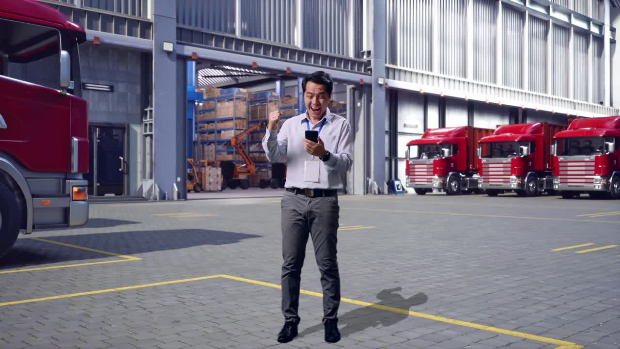 Full Body Of An Asian Male Professional Worker Standing With His Smartphone, Outside of Logistics Distributions Warehouse, He Raises His Fist Up With Screaming Goal