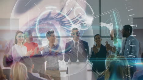 presenting business ideas, diverse audience engaging with digital interface in office