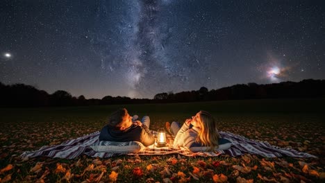 Under a Canvas of Stars: A Couple Enjoys an Enchanting Night of Stargazing and Connection Amidst Autumn Colors and a Calm Evening Atmosphere