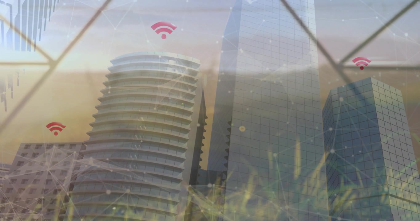 After pause, digital grid fading in over urban towers with pulsing Wi-Fi icons showing connectivity