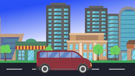 viajes en coche por la ciudad vista lateral, animación en bucle, fondo de diseño plano