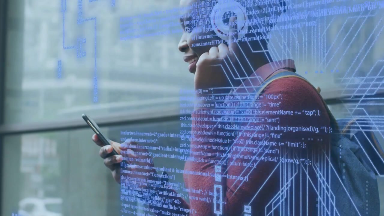 Woman tapping phone and adjusting headphones near glass, causing AR tech overlay showing route info