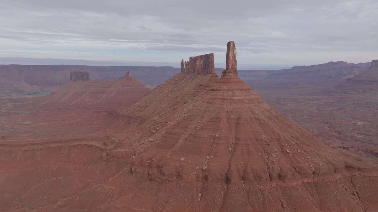Aerial view of Castleton Tower in Moab showcasing stunning desert landscape