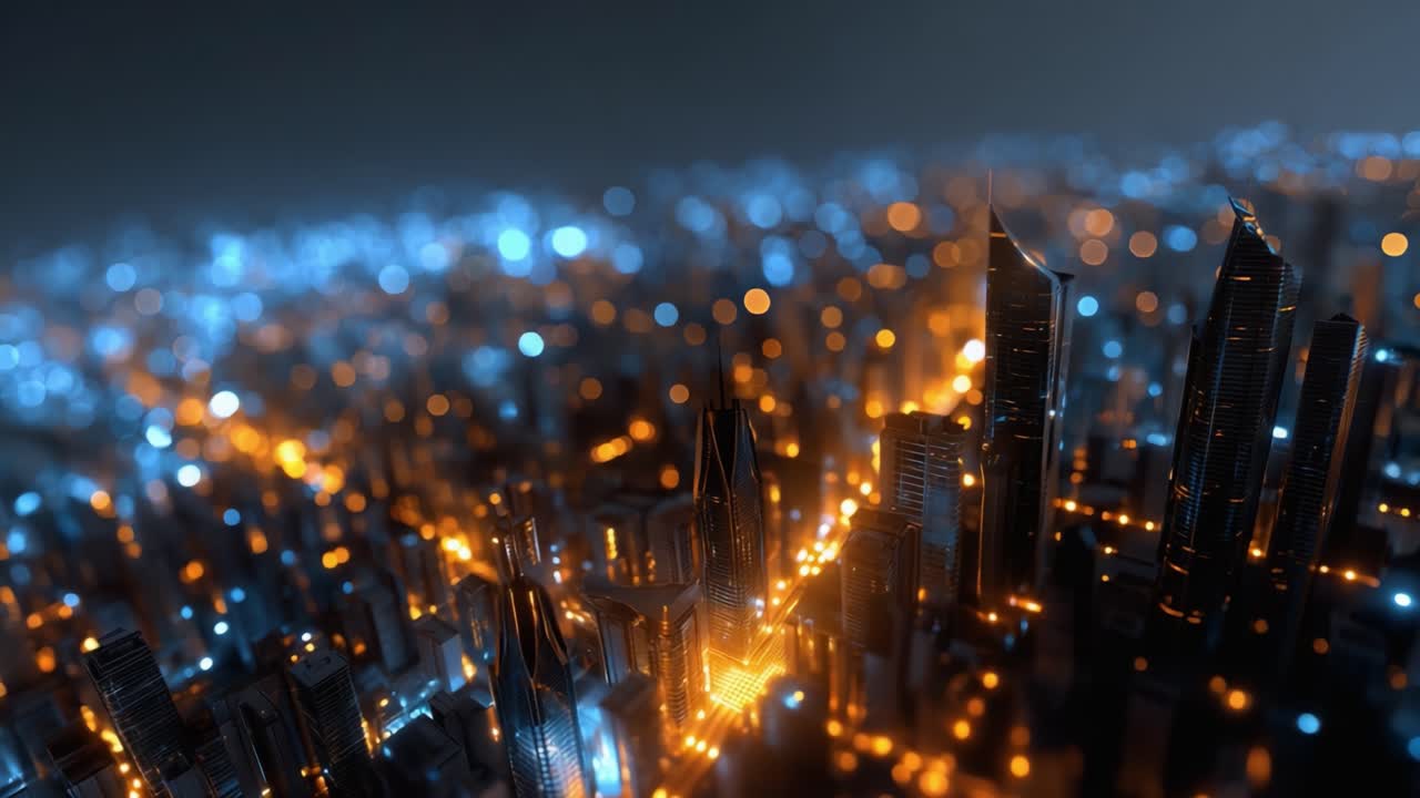 Aerial View of a Futuristic Cityscape with Glowing Lights and Skyscrapers Emphasizing Urban Architecture and High-Tech Innovation in an Evening Setting