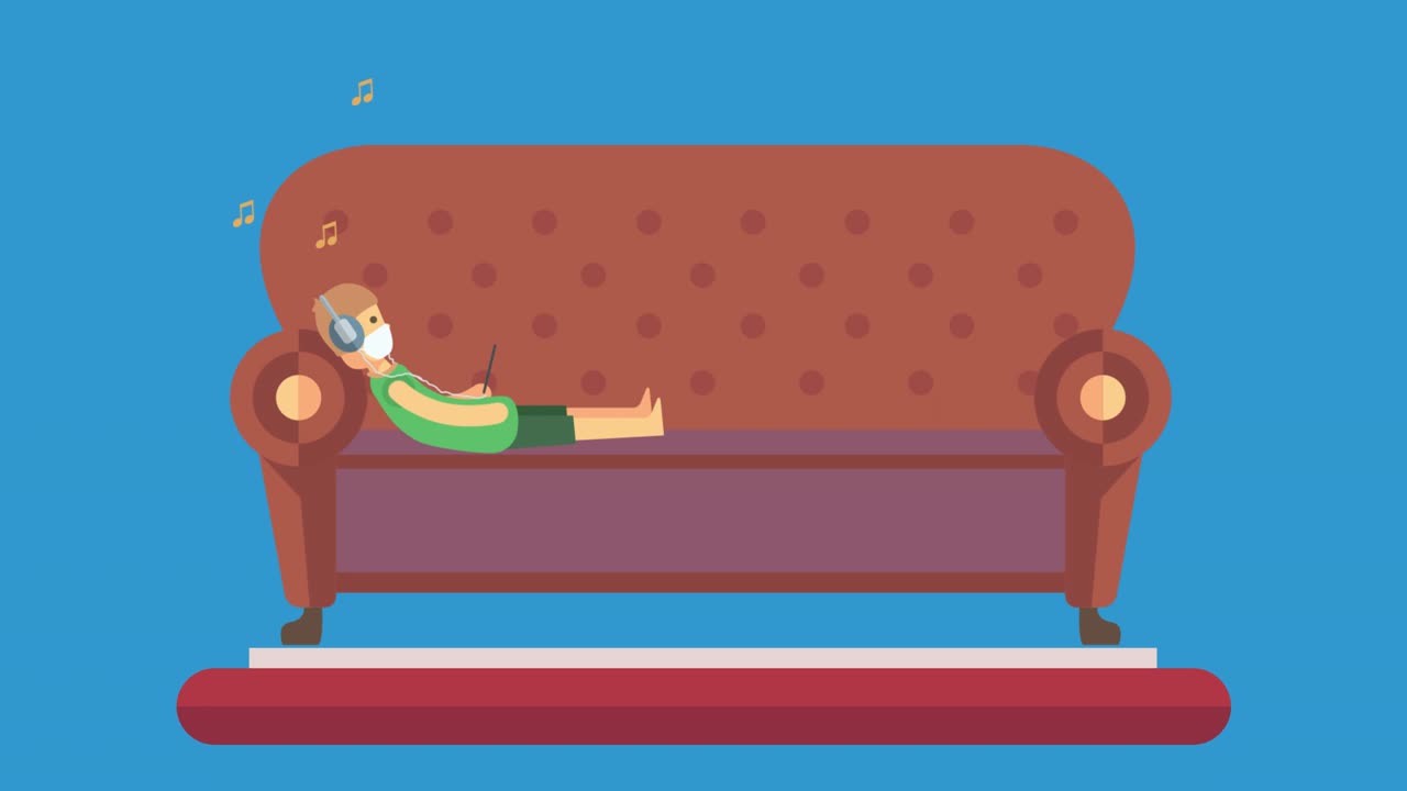 이 없는 루프: 격리 보호 마스크를 착용한 아이가 음악을 듣고 자가 격리로 집에 머물고 있습니다.