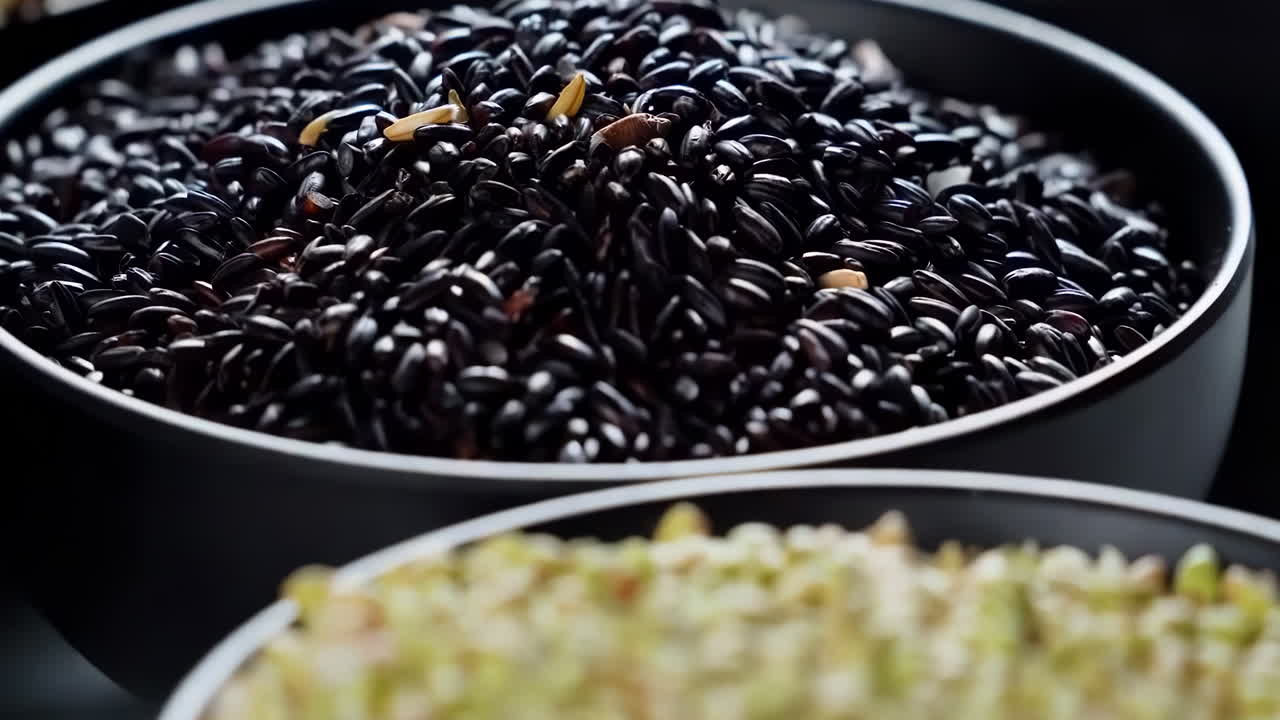 una variedad de diferentes colores de alimentos de granos crudos saludables, varios granos, cereales, frijoles, legumbres se rotan en decoración de madera para el concepto de publicidad