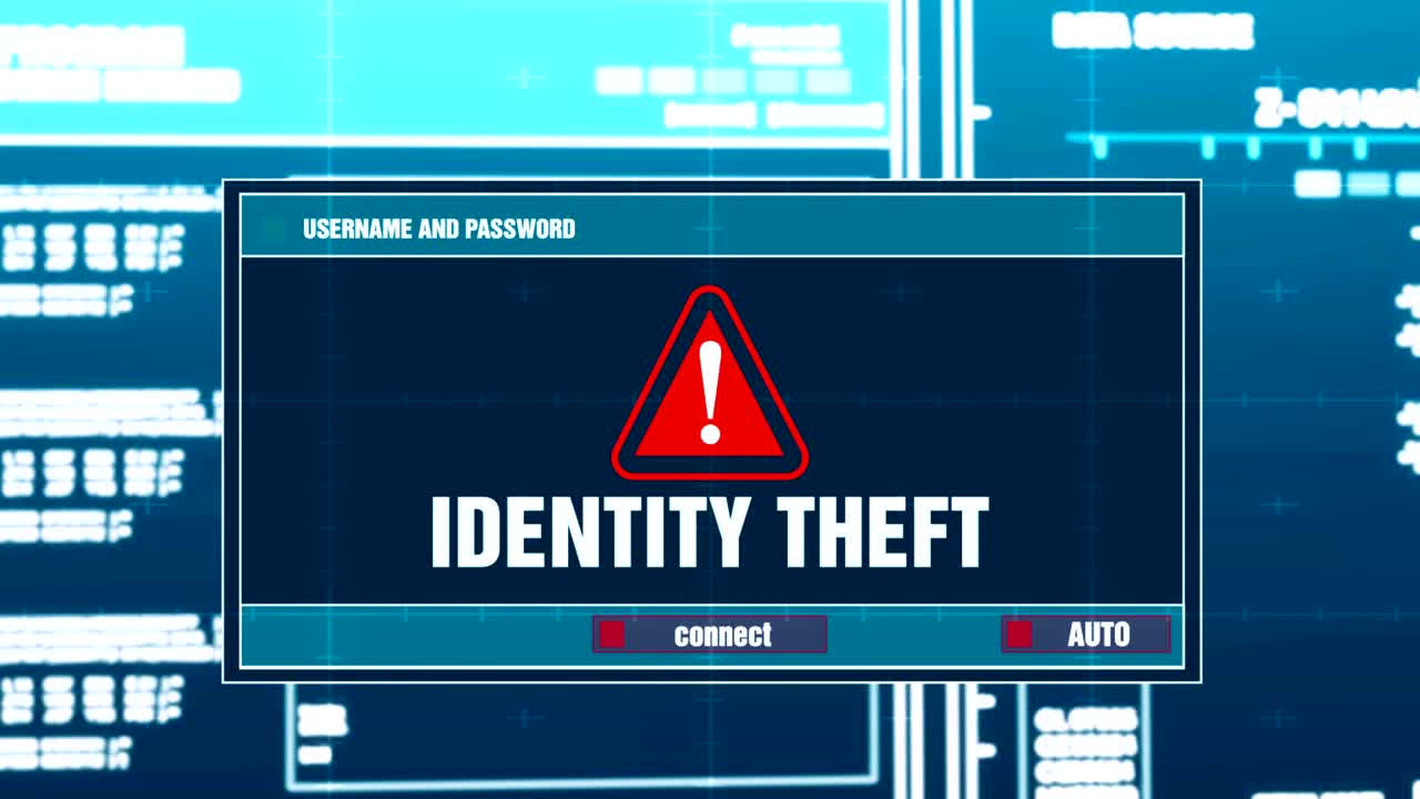 Identity Theft Warning Notification Generated on Digital System Security Alert Error Message on Computer Screen after Entering Login And Password . Cyber Crime, Computer Hacking Concept
