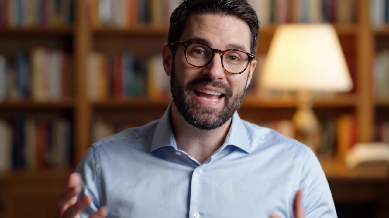 Un individuo pensieroso cattura l'attenzione dello spettatore con un dialogo coinvolgente, ambientato su uno sfondo accogliente di librerie illuminate da una luce calda.